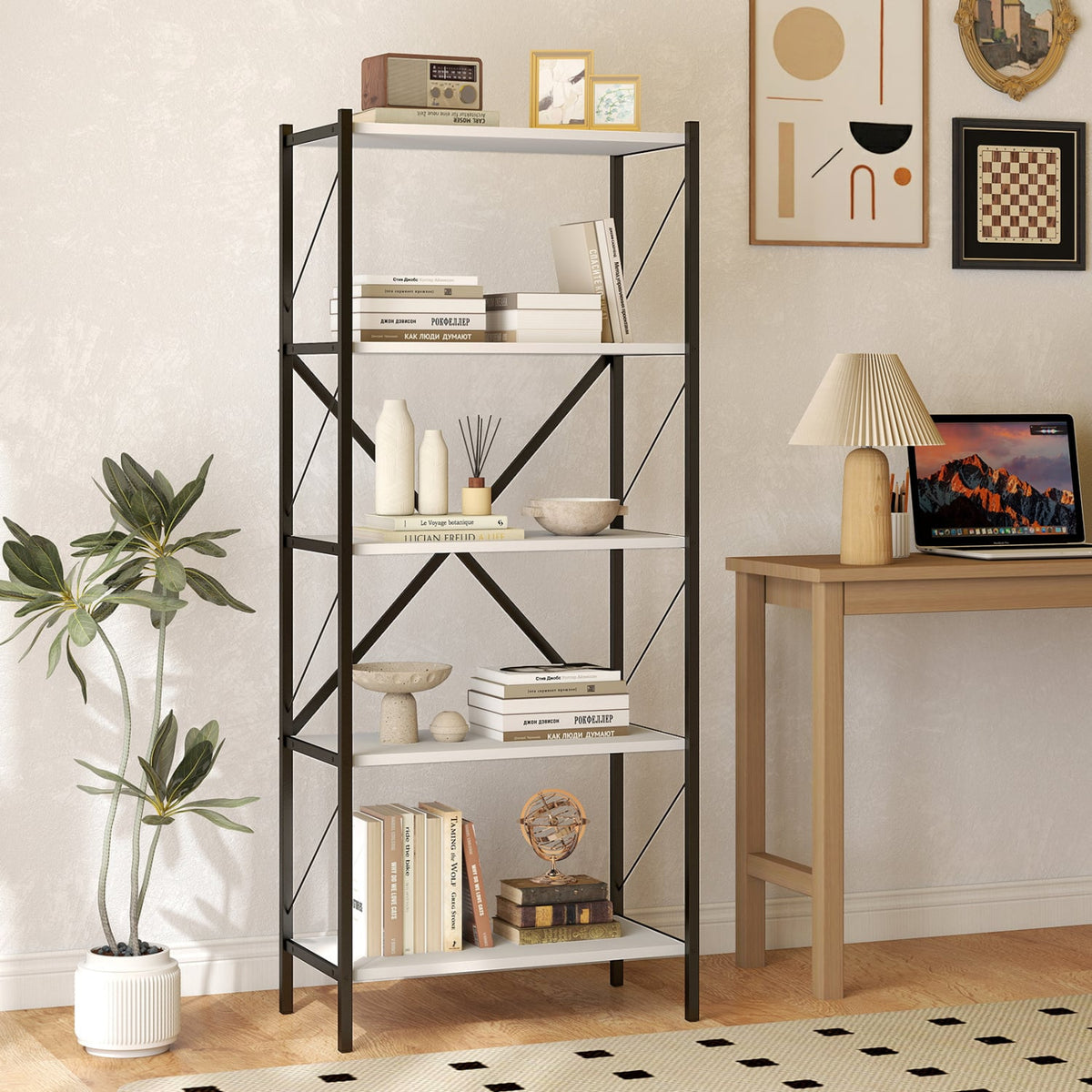 5-Tier Tall Bookshelf Industrial Bookcase with Heavy-Duty Metal Frame Modern Storage-White-Bookcases-DECOROLALA