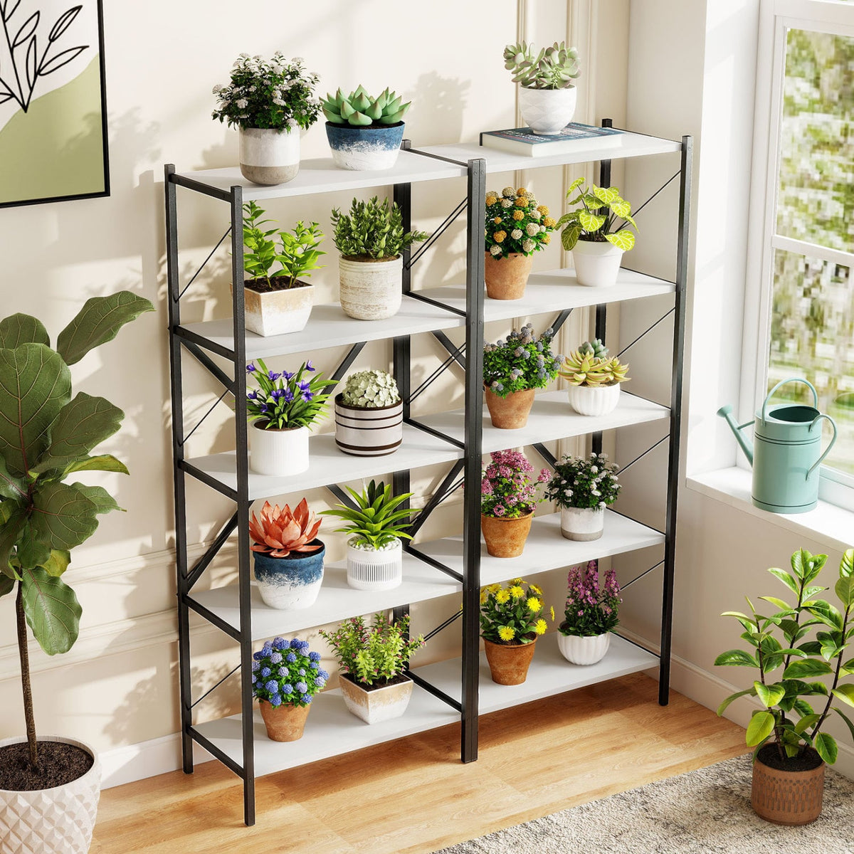 5-Tier Tall Bookshelf Industrial Bookcase with Heavy-Duty Metal Frame Modern Storage-White-Bookcases-DECOROLALA