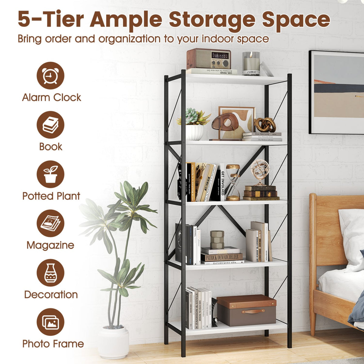 5-Tier Tall Bookshelf Industrial Bookcase with Heavy-Duty Metal Frame Modern Storage-White-Bookcases-DECOROLALA