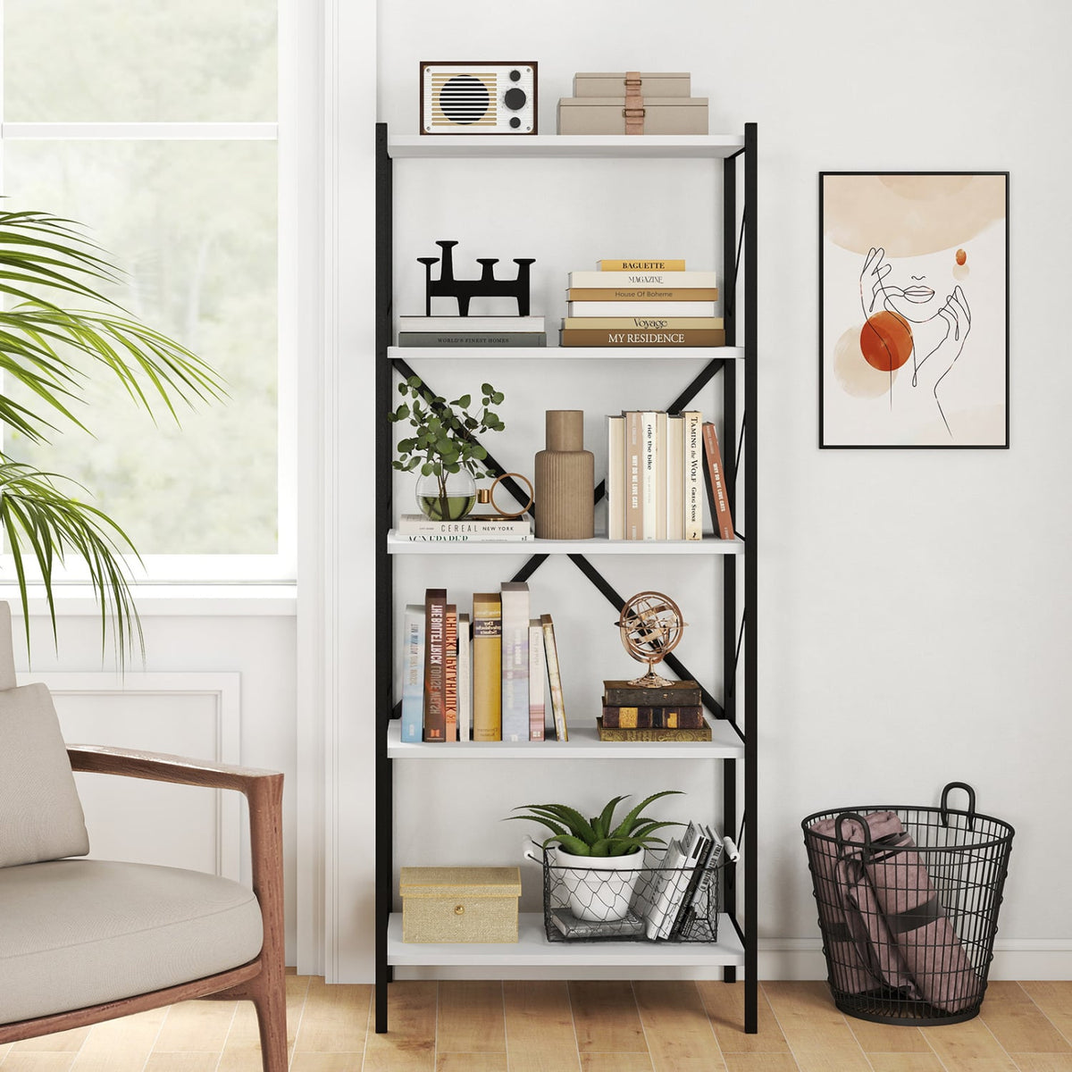 5-Tier Tall Bookshelf Industrial Bookcase with Heavy-Duty Metal Frame Modern Storage-White-Bookcases-DECOROLALA