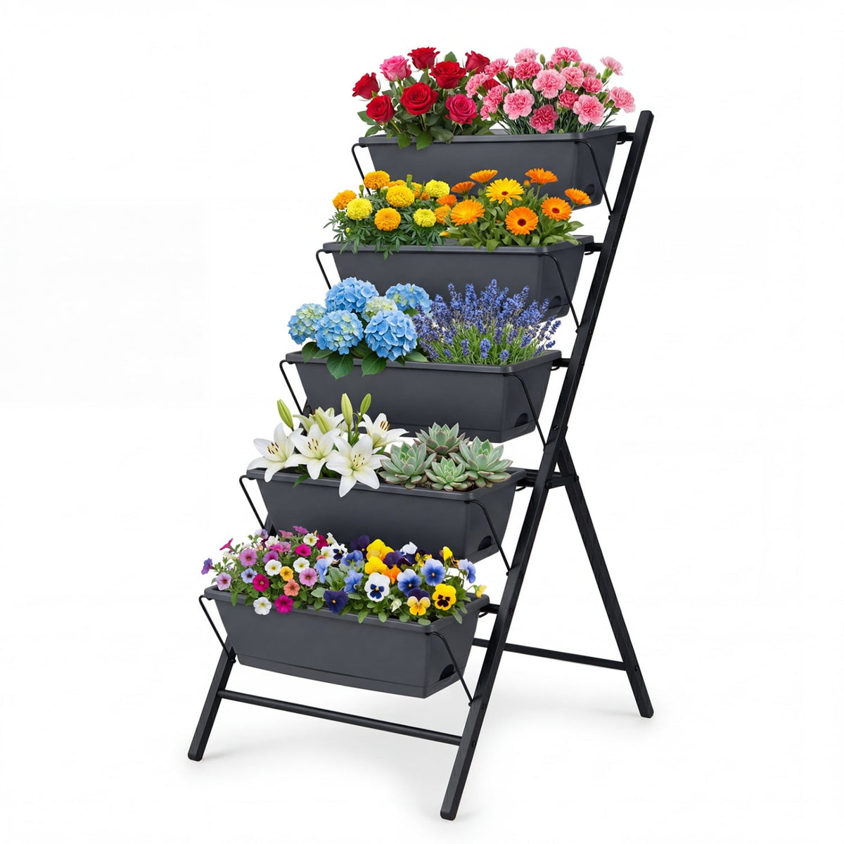 5-Tier Vertical Raised Garden Bed with Drainage System and Removable Trays for Vegetables-Black-Raised Garden Beds-DECOROLALA