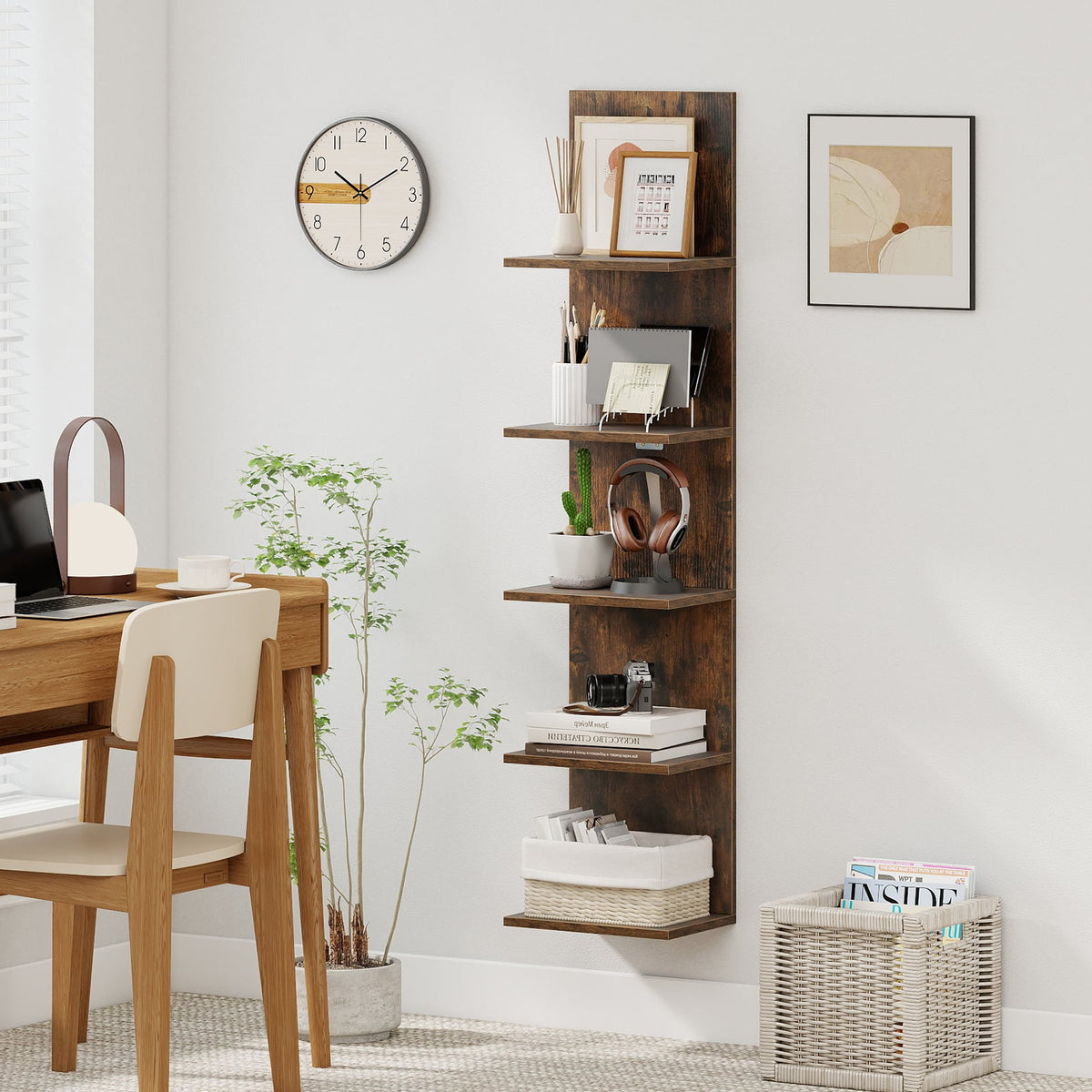 5-Tier Wall Mounted Shelf Unit with Wood Grain-Rustic Brown-Bookcases-DECOROLALA
