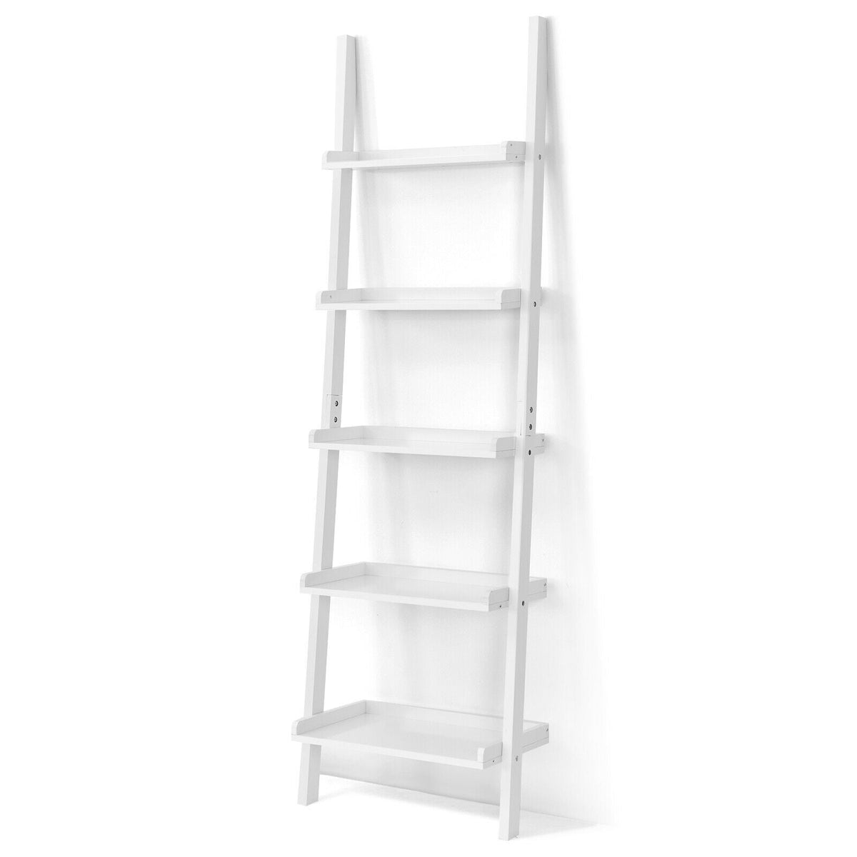 5-Tier Wall-leaning Ladder Shelf Display Rack for Plants and Books-White-Bookcases-DECOROLALA