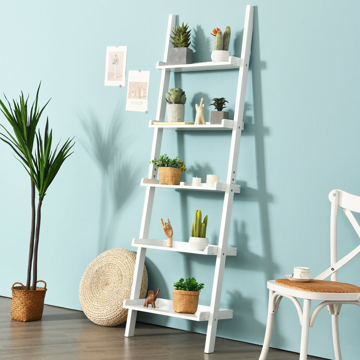 5-Tier Wall-leaning Ladder Shelf Display Rack for Plants and Books-White-Bookcases-DECOROLALA