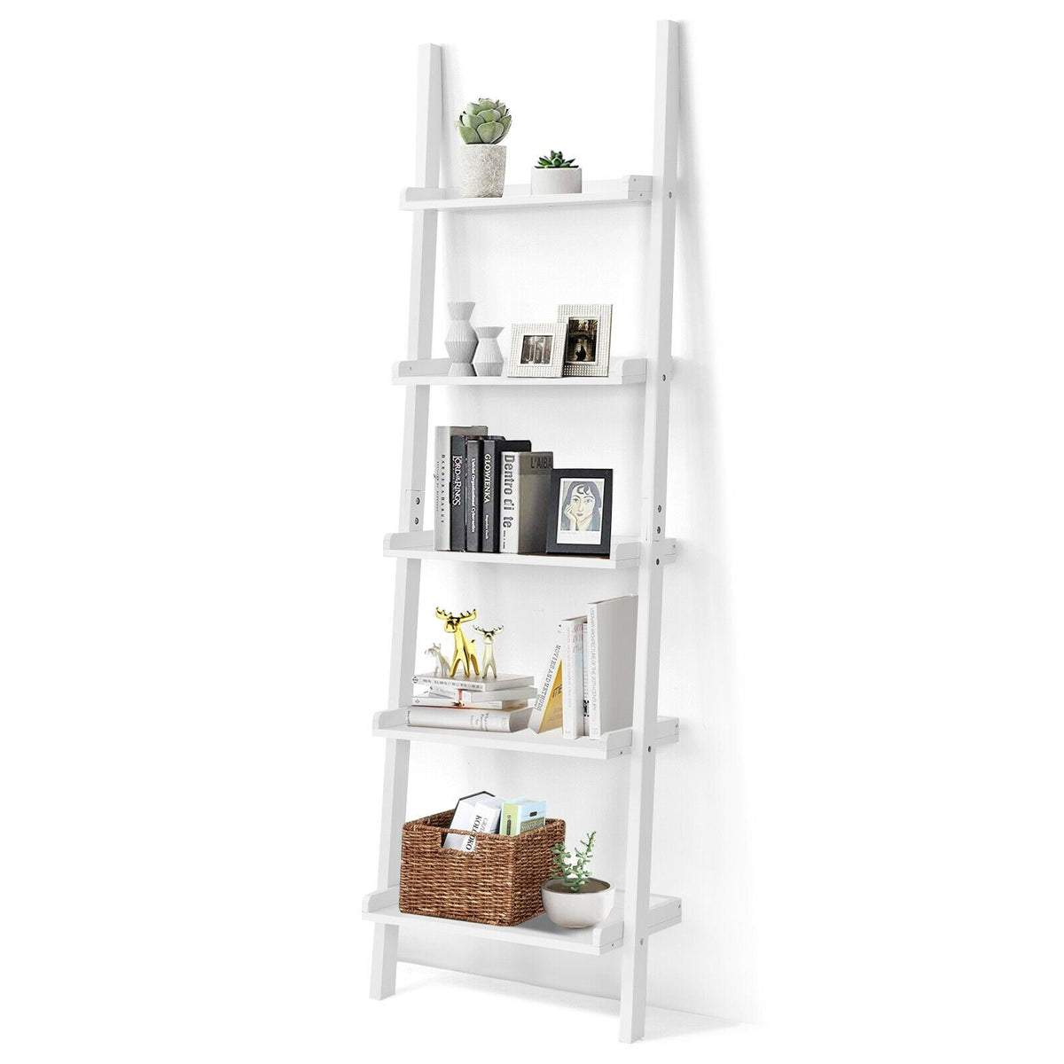 5-Tier Wall-leaning Ladder Shelf Display Rack for Plants and Books-White-Bookcases-DECOROLALA