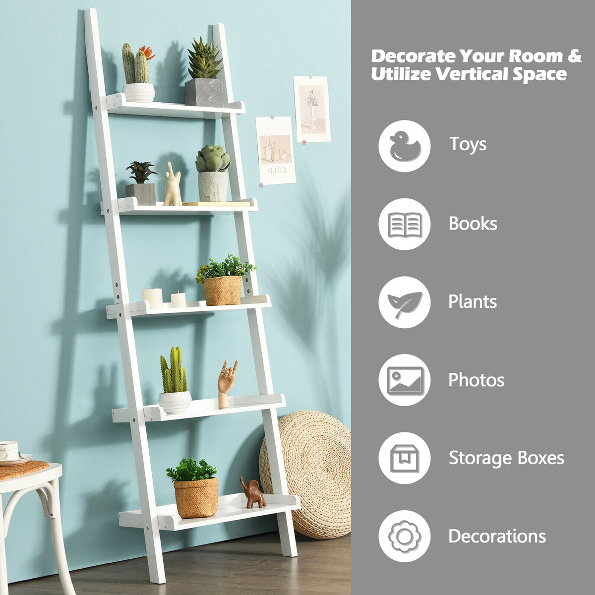 5-Tier Wall-leaning Ladder Shelf Display Rack for Plants and Books-White-Bookcases-DECOROLALA