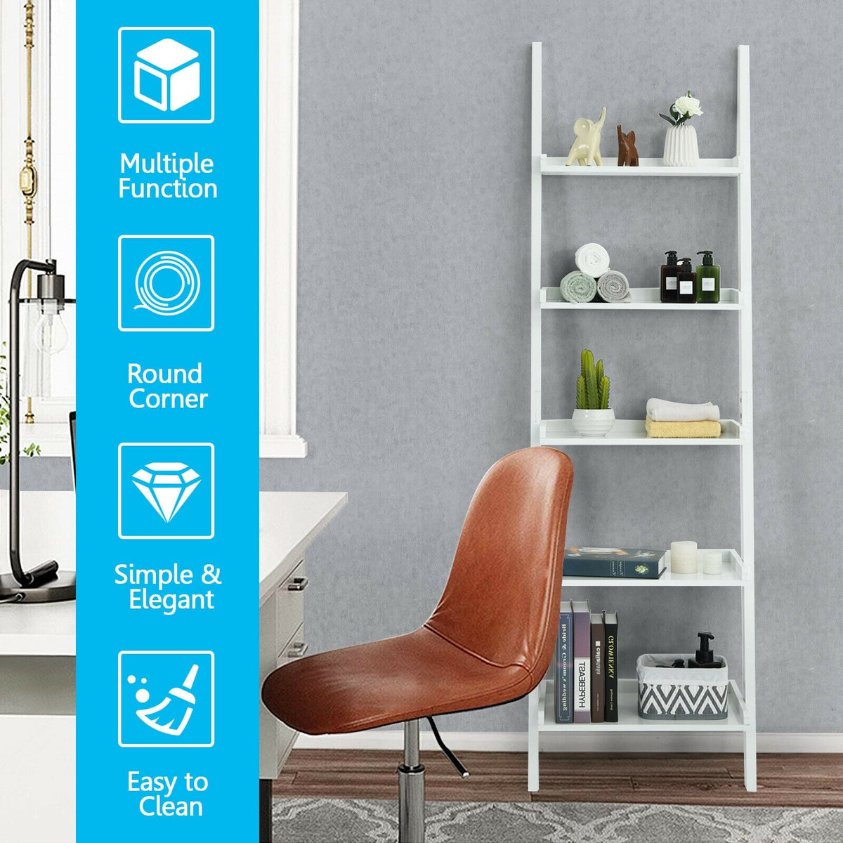 5-Tier Wall-leaning Ladder Shelf Display Rack for Plants and Books-White-Bookcases-DECOROLALA