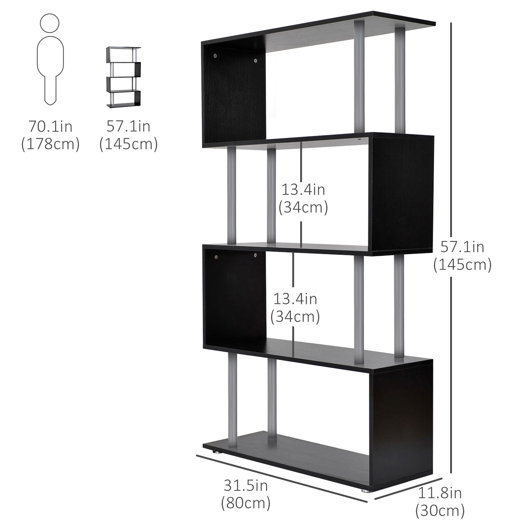 5-Tier Z-Shaped Geometric Bookcase - Black 57" H-Home Furnishings > Storage & Organization > Bookshelves & Bookcases > Display Bookshelves-DECOROLALA