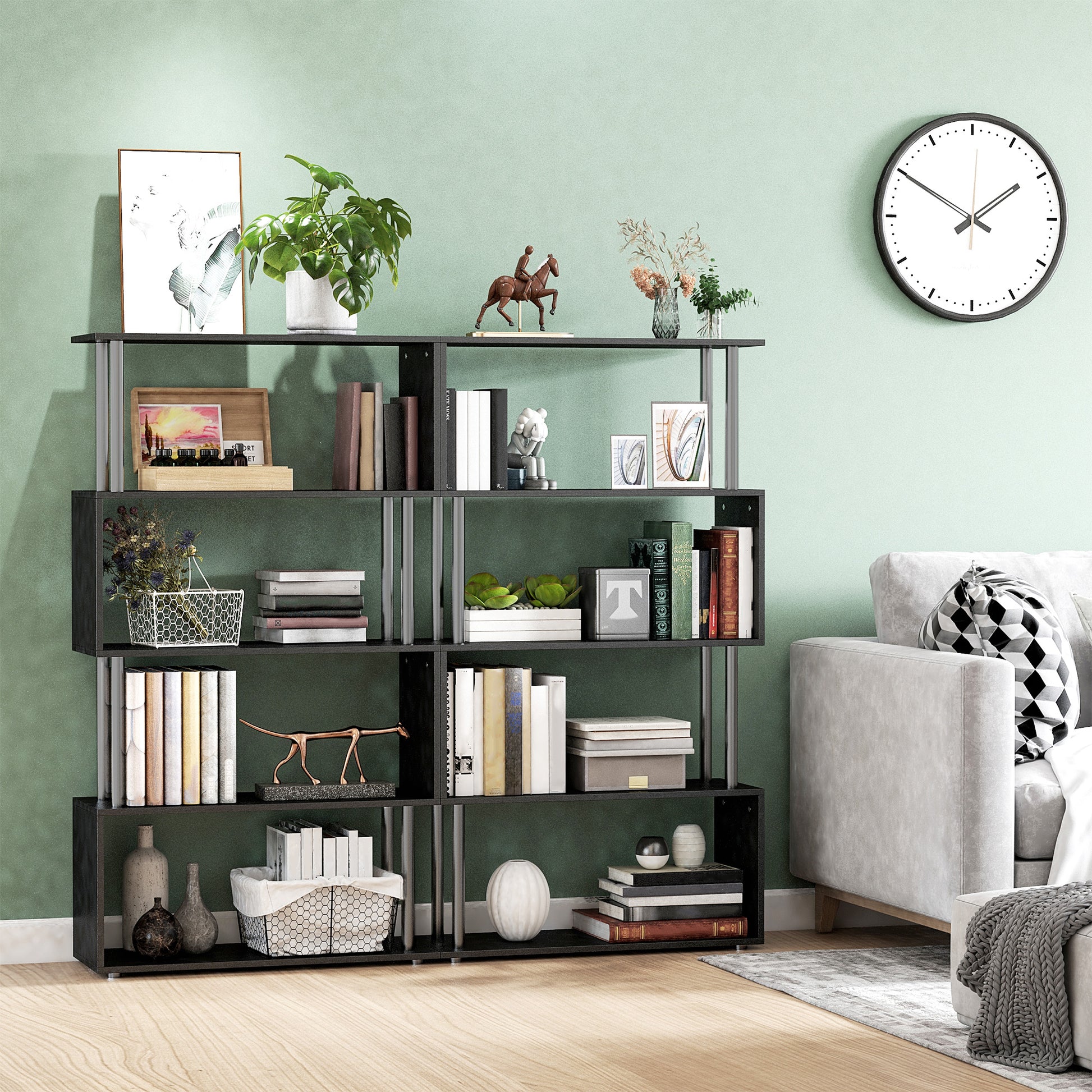 5-Tier Z-Shaped Geometric Bookcase - Black 57" H-Home Furnishings > Storage & Organization > Bookshelves & Bookcases > Display Bookshelves-DECOROLALA
