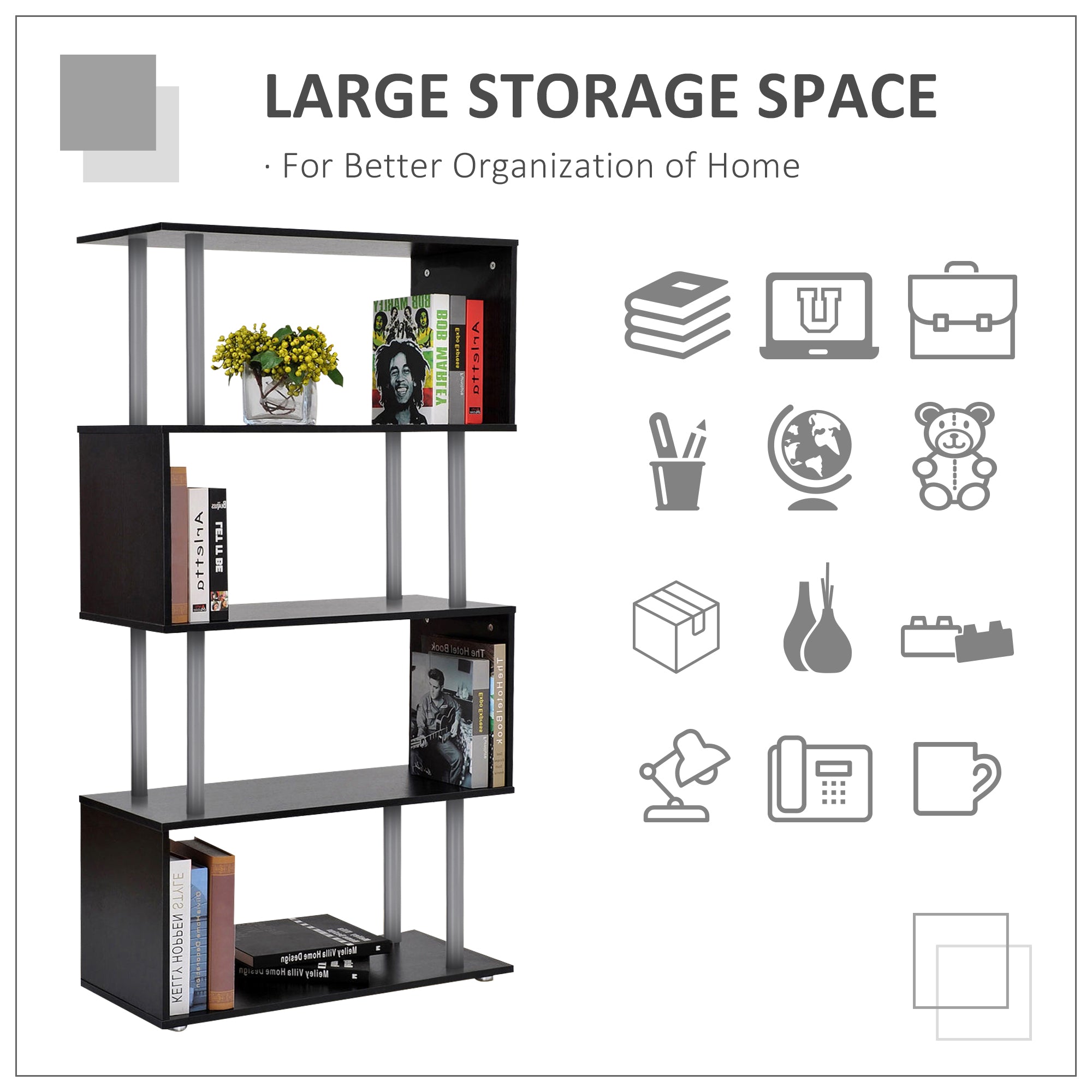 5-Tier Z-Shaped Geometric Bookcase - Black 57" H-Home Furnishings > Storage & Organization > Bookshelves & Bookcases > Display Bookshelves-DECOROLALA