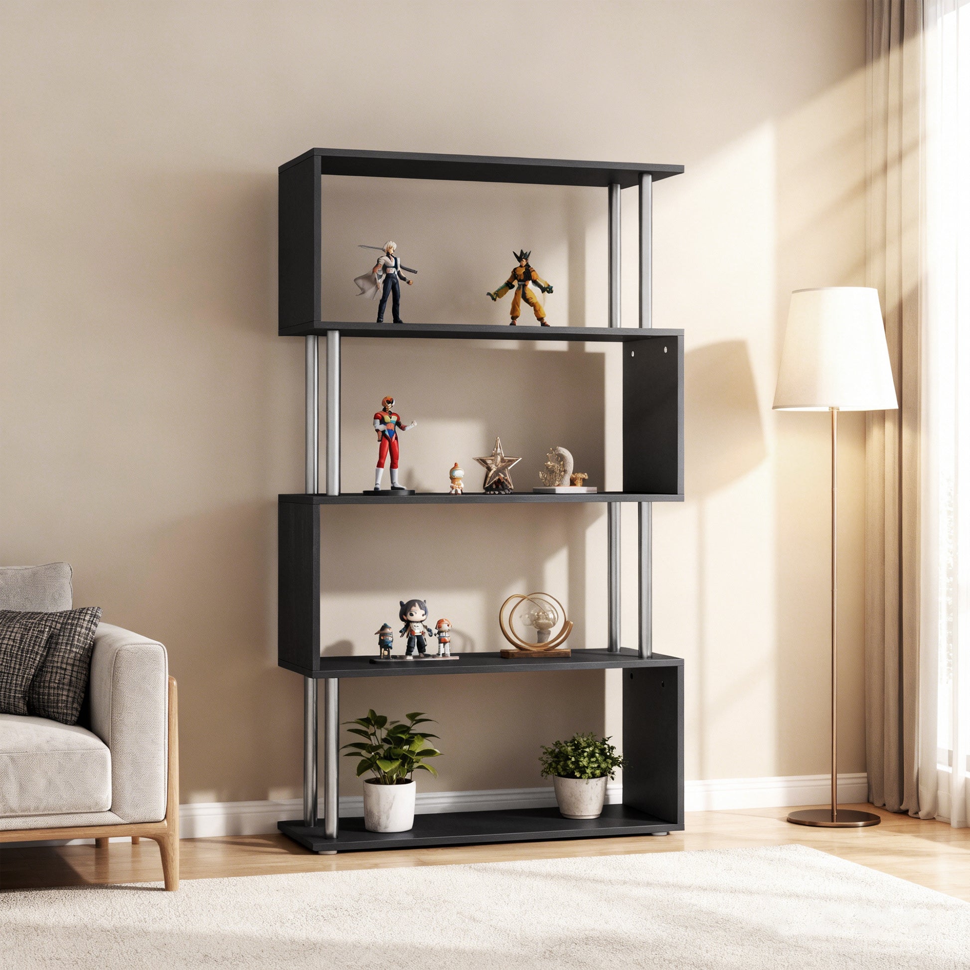 5-Tier Z-Shaped Geometric Bookcase - Black 57" H-Home Furnishings > Storage & Organization > Bookshelves & Bookcases > Display Bookshelves-DECOROLALA