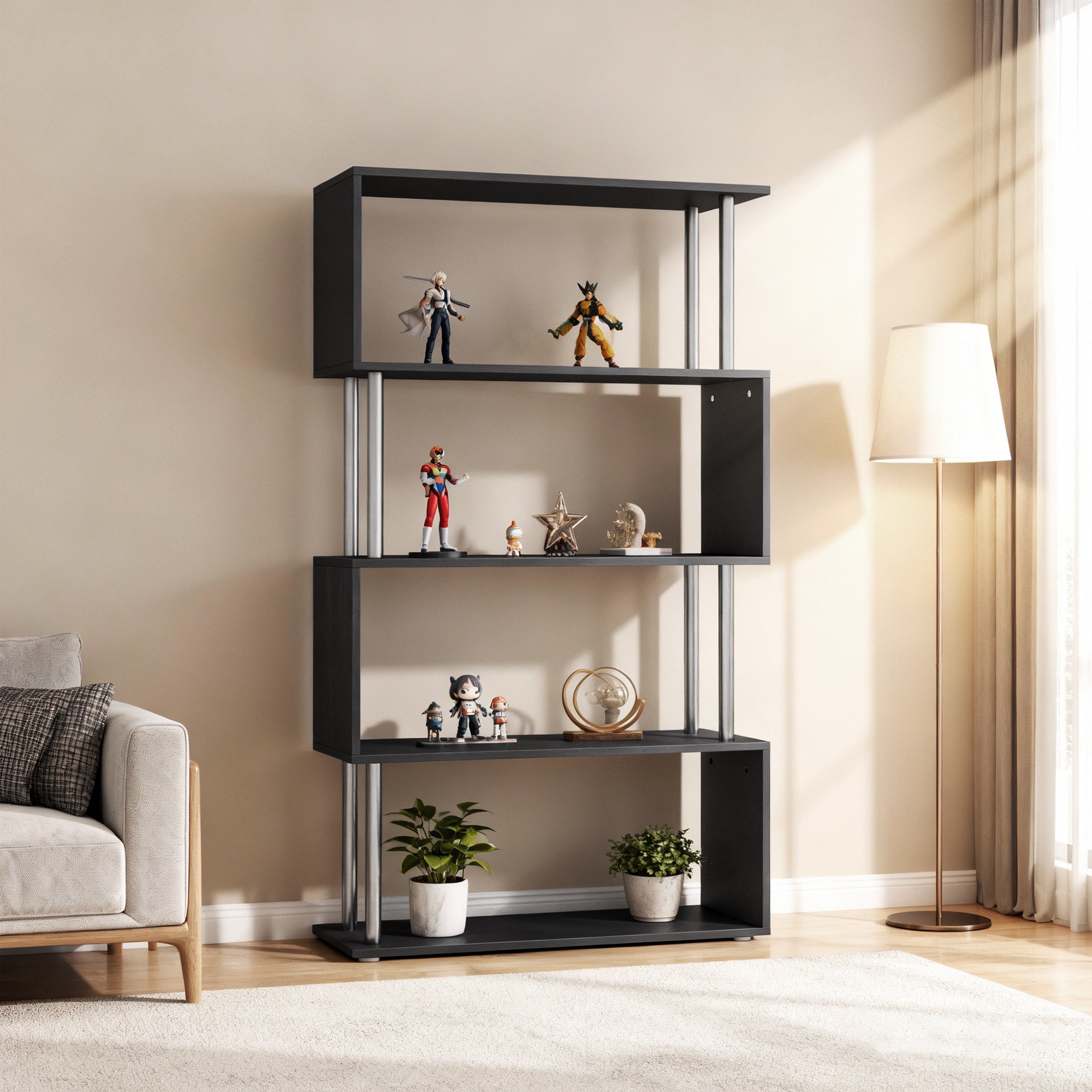 5-Tier Z-Shaped Geometric Bookcase - Black 57" H-Home Furnishings > Storage & Organization > Bookshelves & Bookcases > Display Bookshelves-DECOROLALA