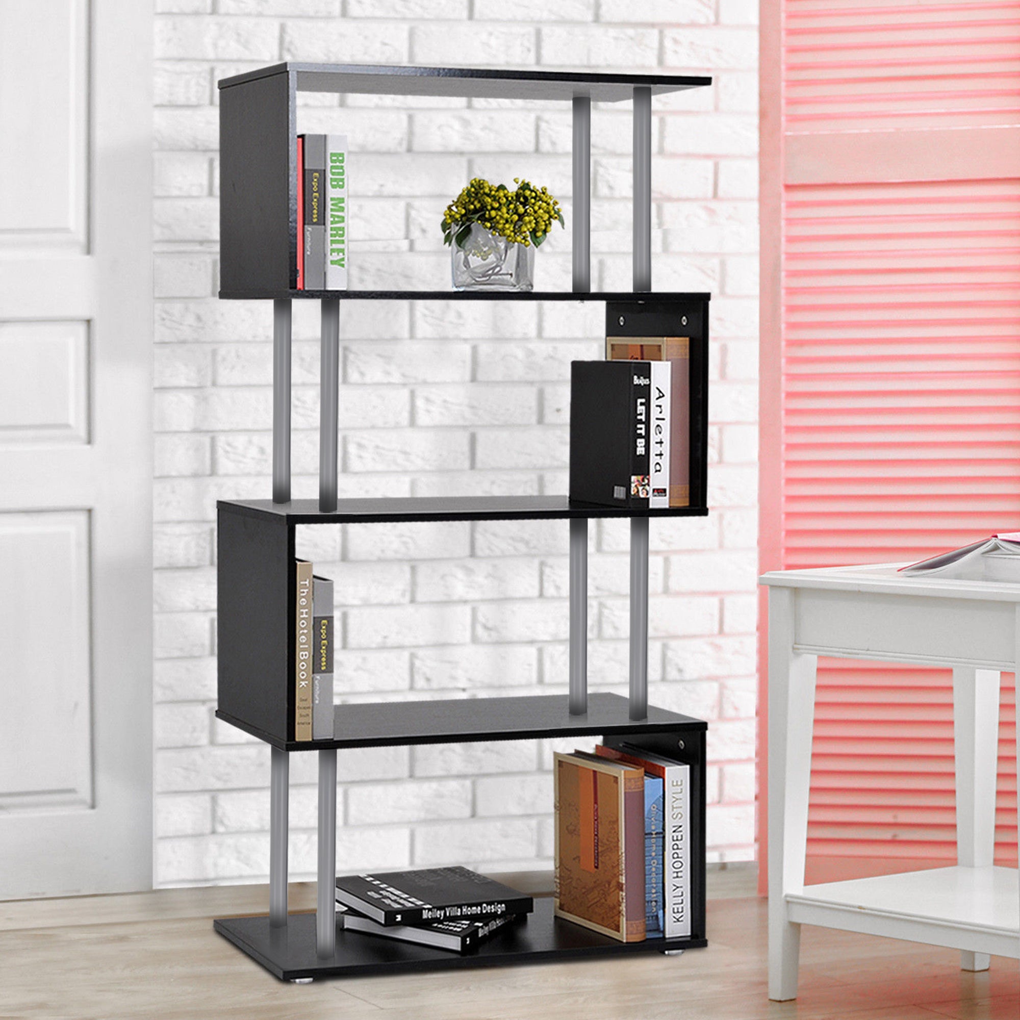5-Tier Z-Shaped Geometric Bookcase - Black 57" H-Home Furnishings > Storage & Organization > Bookshelves & Bookcases > Display Bookshelves-DECOROLALA
