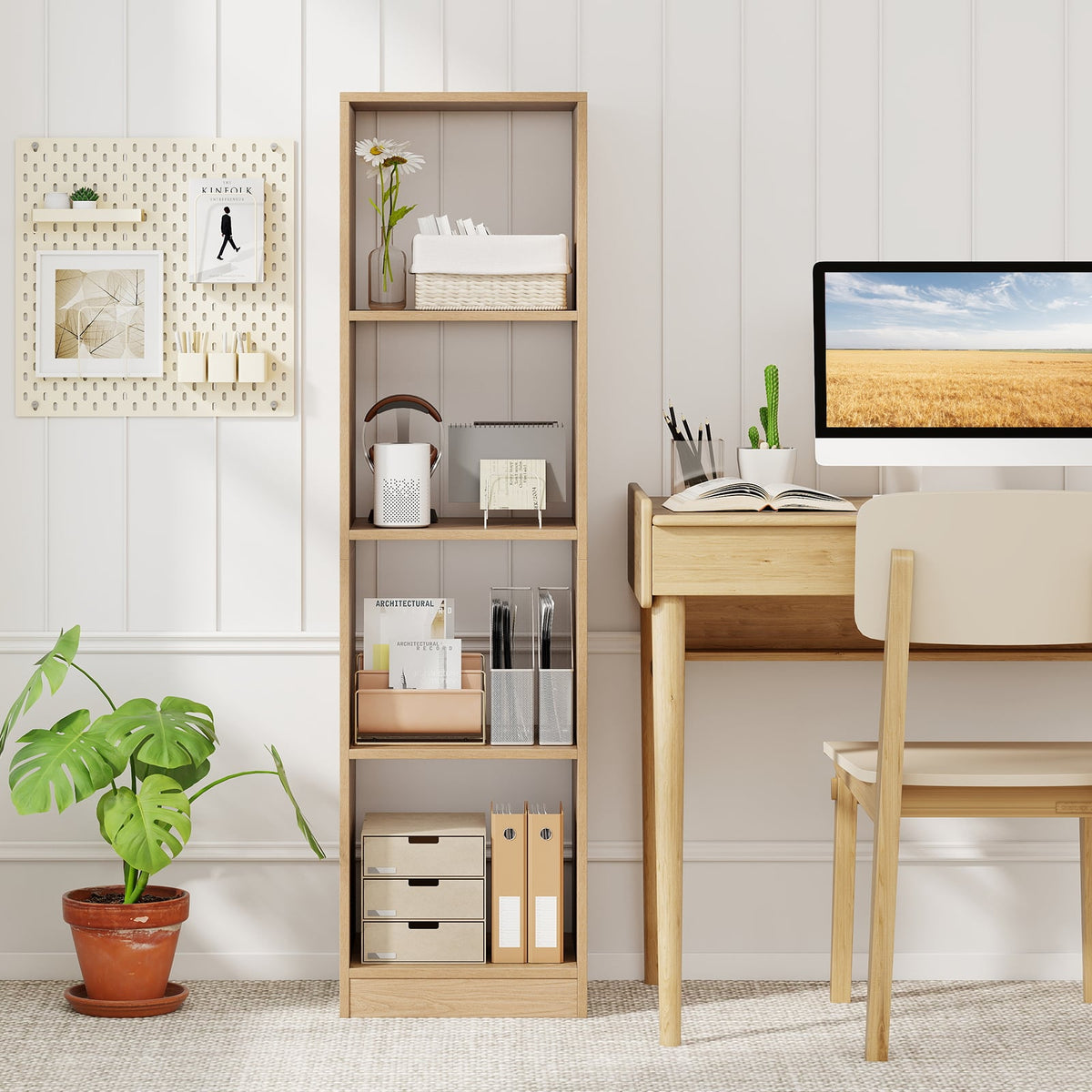 5 Tiers 4-Cube Narrow Bookshelf with 4 Anti-Tipping Kits-Natural-Bookcases-DECOROLALA