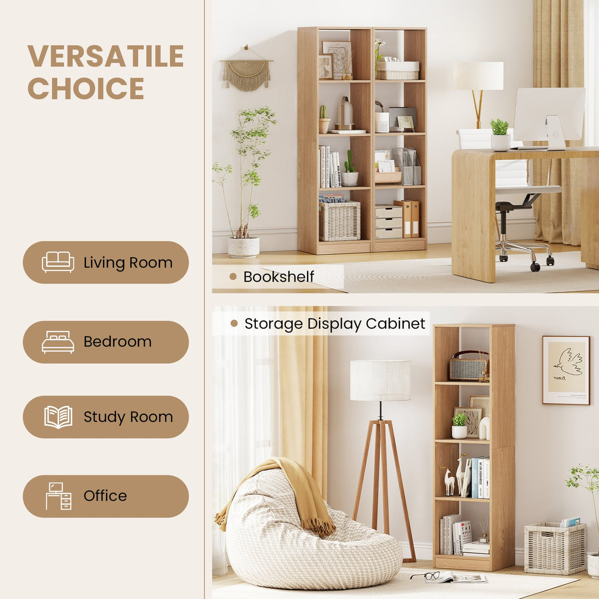 5 Tiers 4-Cube Narrow Bookshelf with 4 Anti-Tipping Kits-Natural-Bookcases-DECOROLALA