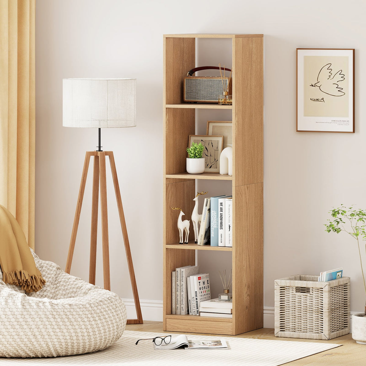 5 Tiers 4-Cube Narrow Bookshelf with 4 Anti-Tipping Kits-Natural-Bookcases-DECOROLALA