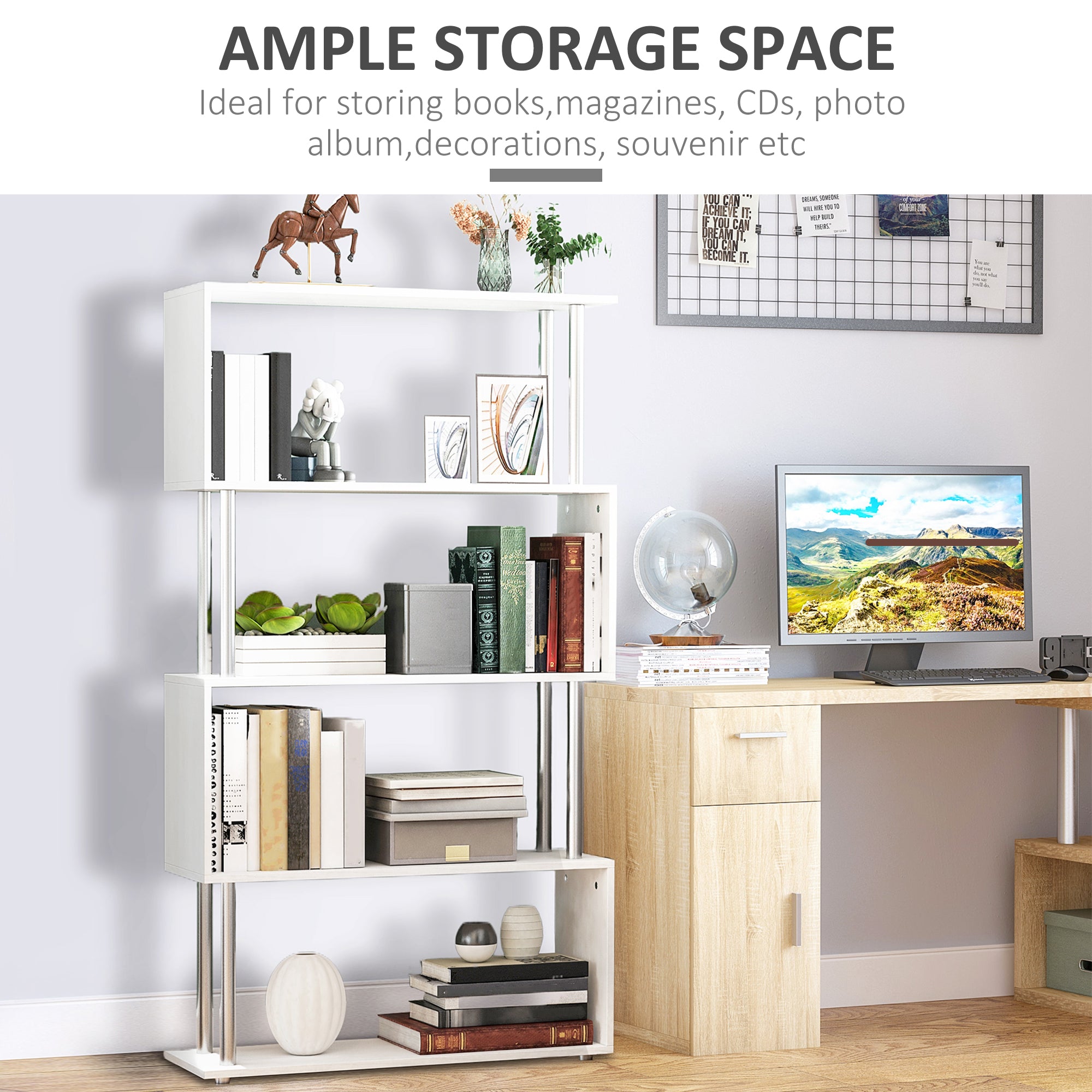 5-Tiers Geometric Wooden Bookcase S-Shaped Storage Bookshelf Display with Metal Frame for Living Room, Bedroom, Home Office, White-Home Furnishings > Storage & Organization > Bookshelves & Bookcases > Display Bookshelves-DECOROLALA