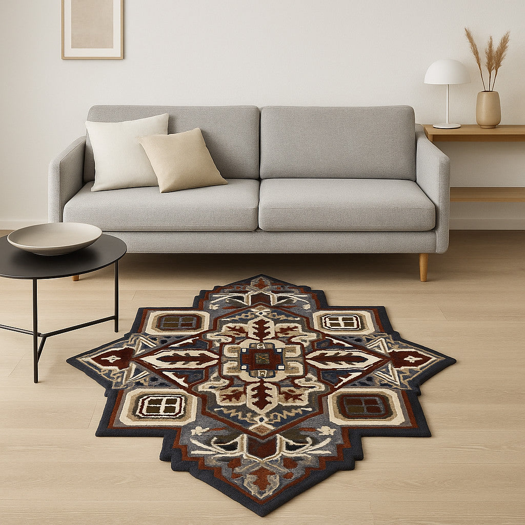 5' X 5' Blue And Red Wool Hand Tufted Area Rug-Area Rugs-DECOROLALA