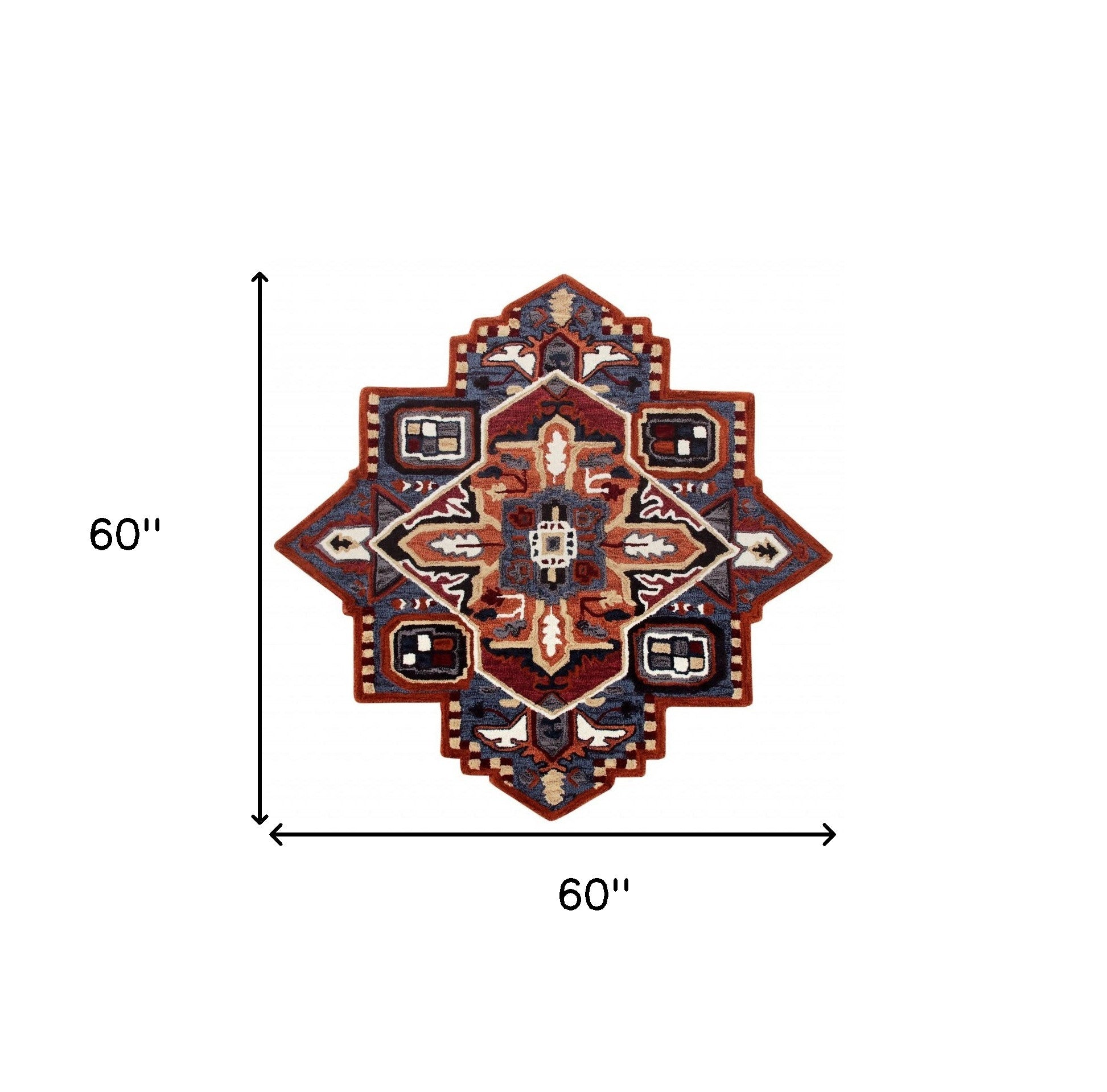 5' X 5' Blue Rust And Orange Wool Medallion Hand Tufted Area Rug-Area Rugs-DECOROLALA