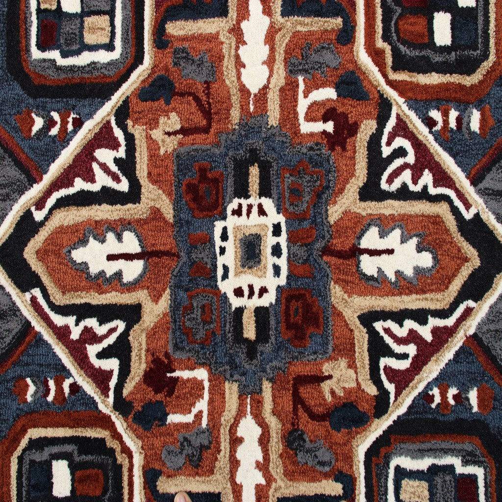 5' X 5' Blue Rust And Orange Wool Medallion Hand Tufted Area Rug-Area Rugs-DECOROLALA