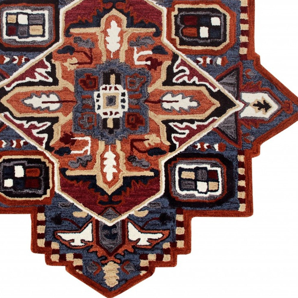 5' X 5' Blue Rust And Orange Wool Medallion Hand Tufted Area Rug-Area Rugs-DECOROLALA