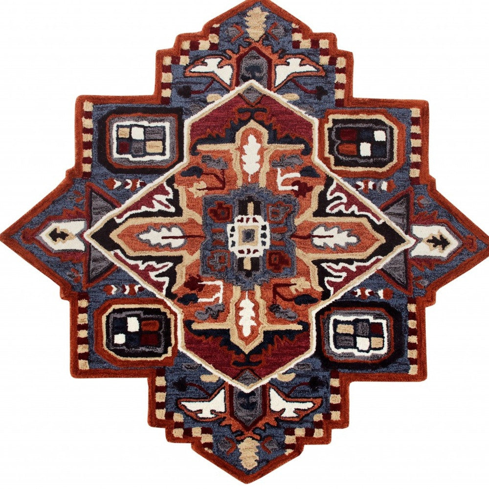 5' X 5' Blue Rust And Orange Wool Medallion Hand Tufted Area Rug-Area Rugs-DECOROLALA