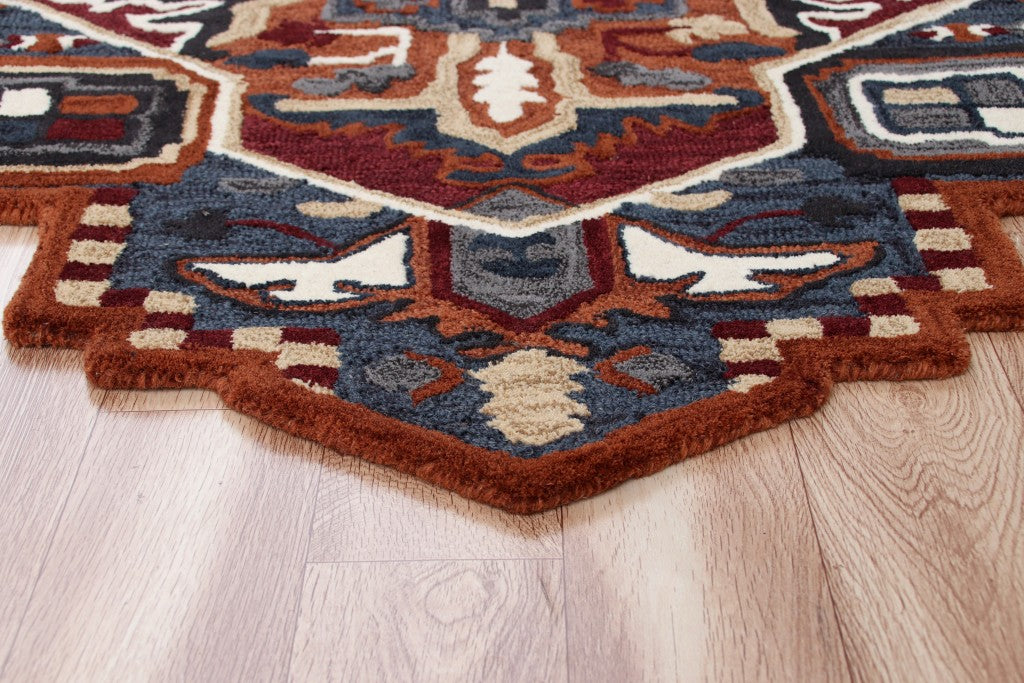 5' X 5' Blue Rust And Orange Wool Medallion Hand Tufted Area Rug-Area Rugs-DECOROLALA