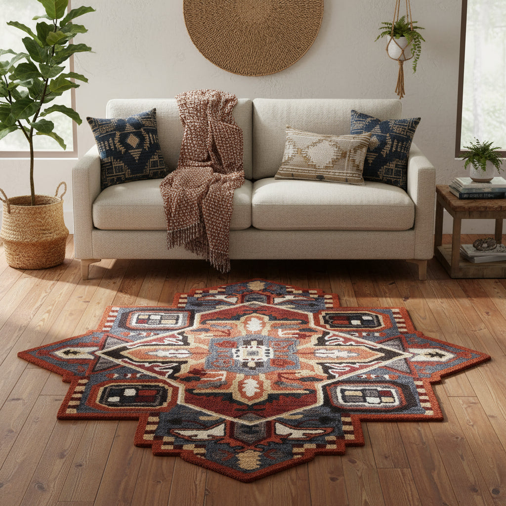 5' X 5' Blue Rust And Orange Wool Medallion Hand Tufted Area Rug-Area Rugs-DECOROLALA