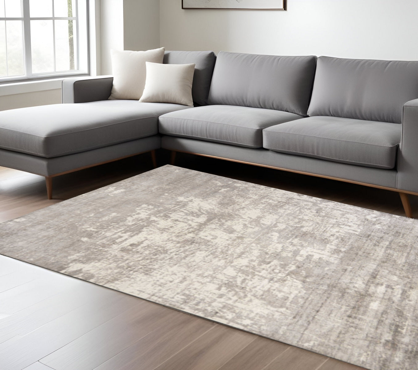 5' X 7' Beige And Ivory Abstract Hand Loomed Area Rug-Area Rugs-DECOROLALA