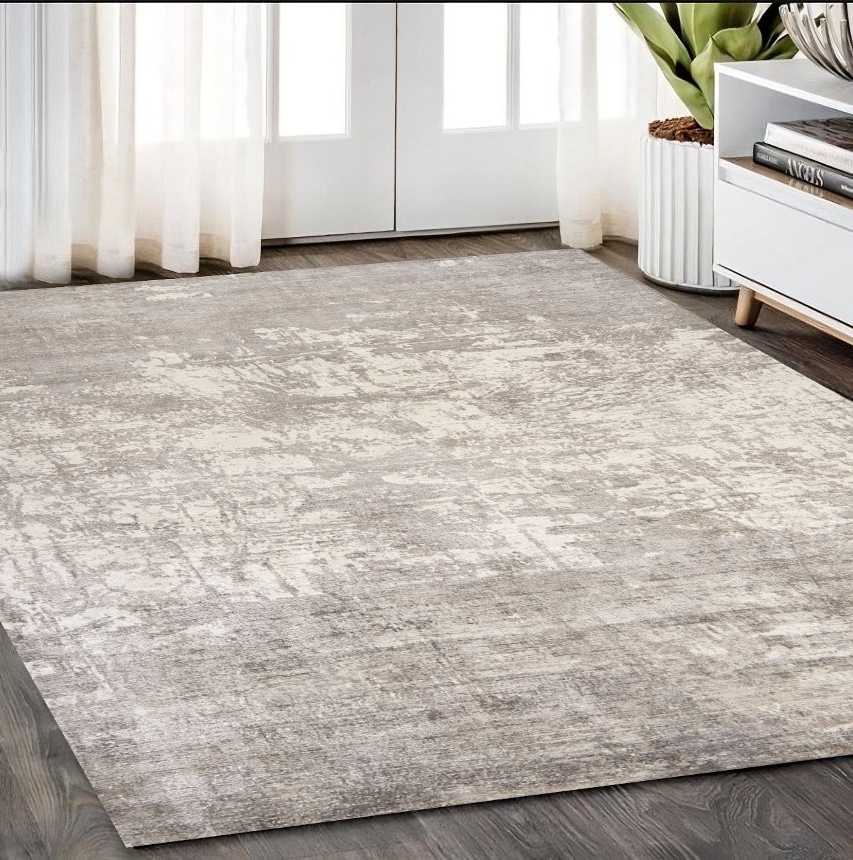5' X 7' Beige And Ivory Abstract Hand Loomed Area Rug-Area Rugs-DECOROLALA