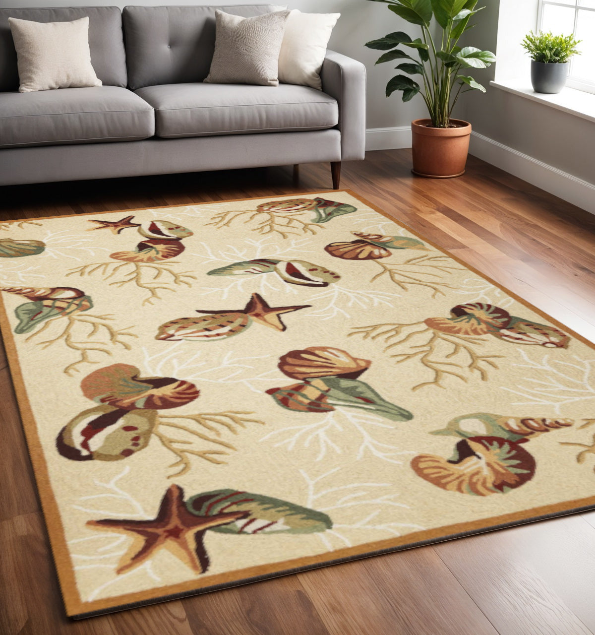 5' X 7' Beige Green And Brown Seashell and Coral Hand Hooked Area Rug-Area Rugs-DECOROLALA