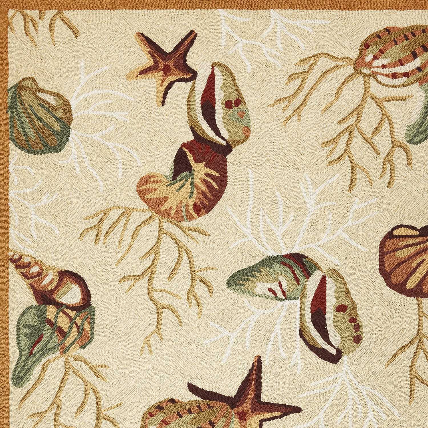 5' X 7' Beige Green And Brown Seashell and Coral Hand Hooked Area Rug-Area Rugs-DECOROLALA
