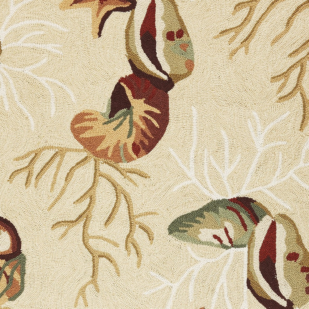 5' X 7' Beige Green And Brown Seashell and Coral Hand Hooked Area Rug-Area Rugs-DECOROLALA