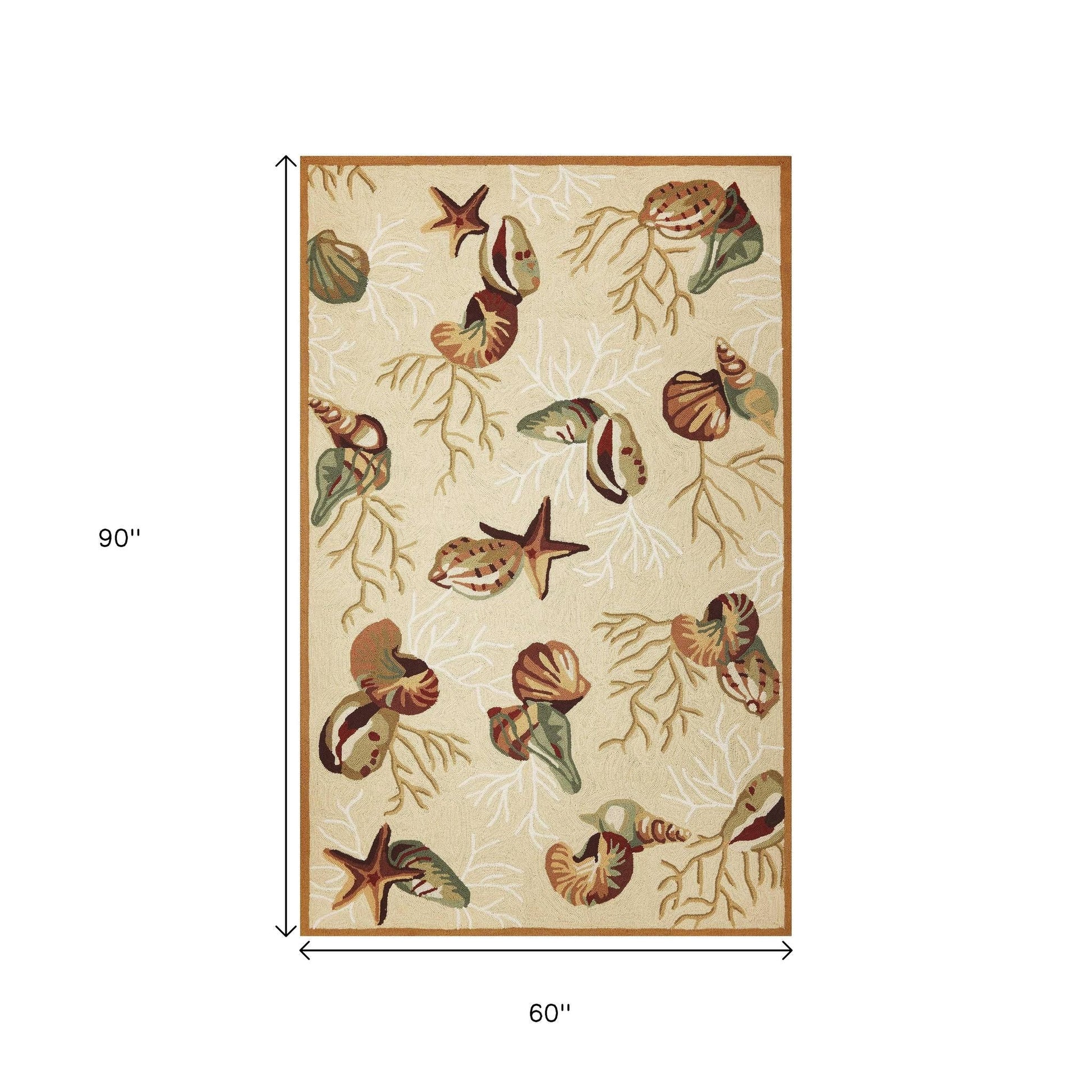 5' X 7' Beige Green And Brown Seashell and Coral Hand Hooked Area Rug-Area Rugs-DECOROLALA