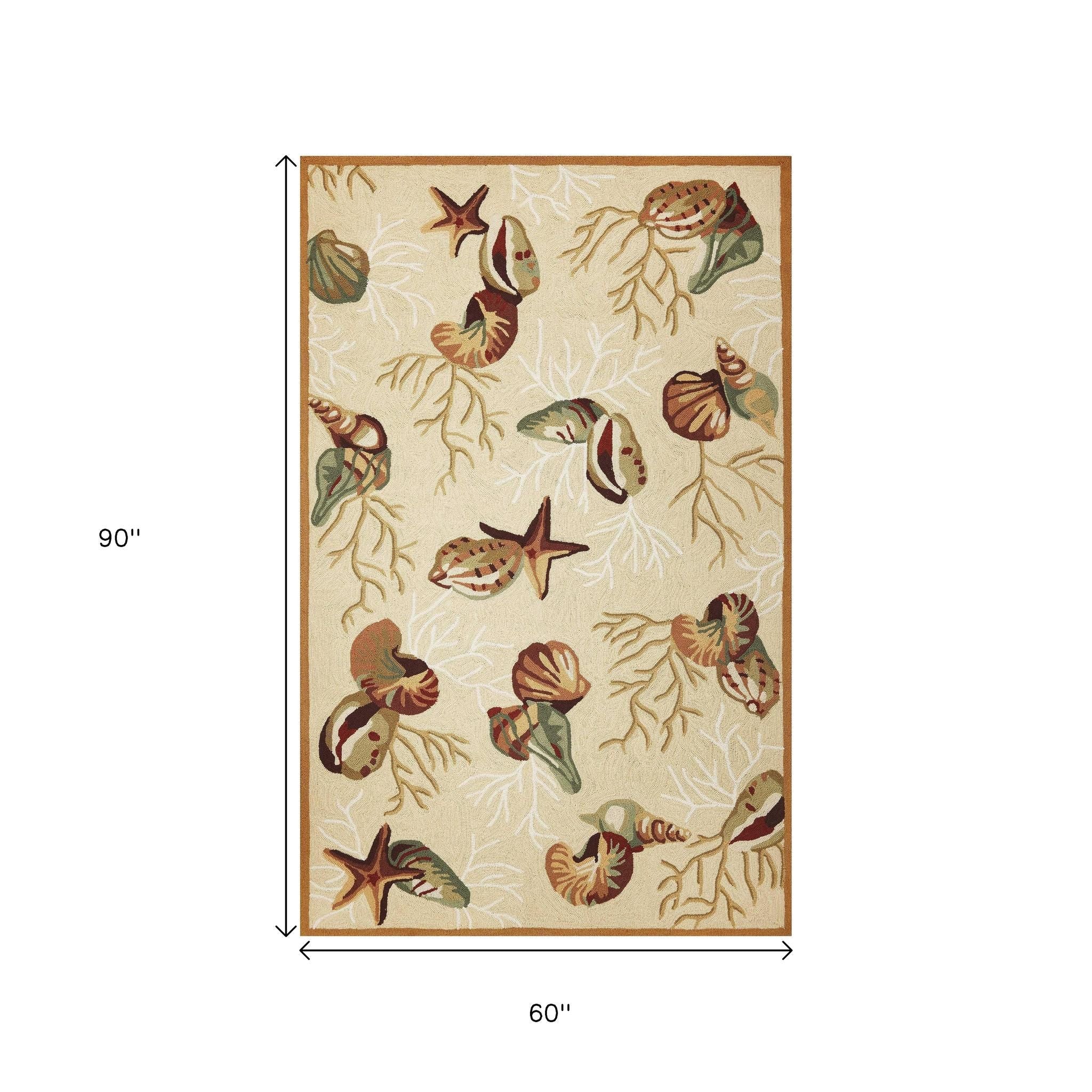 5' X 7' Beige Green And Brown Seashell and Coral Hand Hooked Area Rug-Area Rugs-DECOROLALA