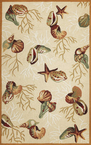 5' X 7' Beige Green And Brown Seashell and Coral Hand Hooked Area Rug-Area Rugs-DECOROLALA