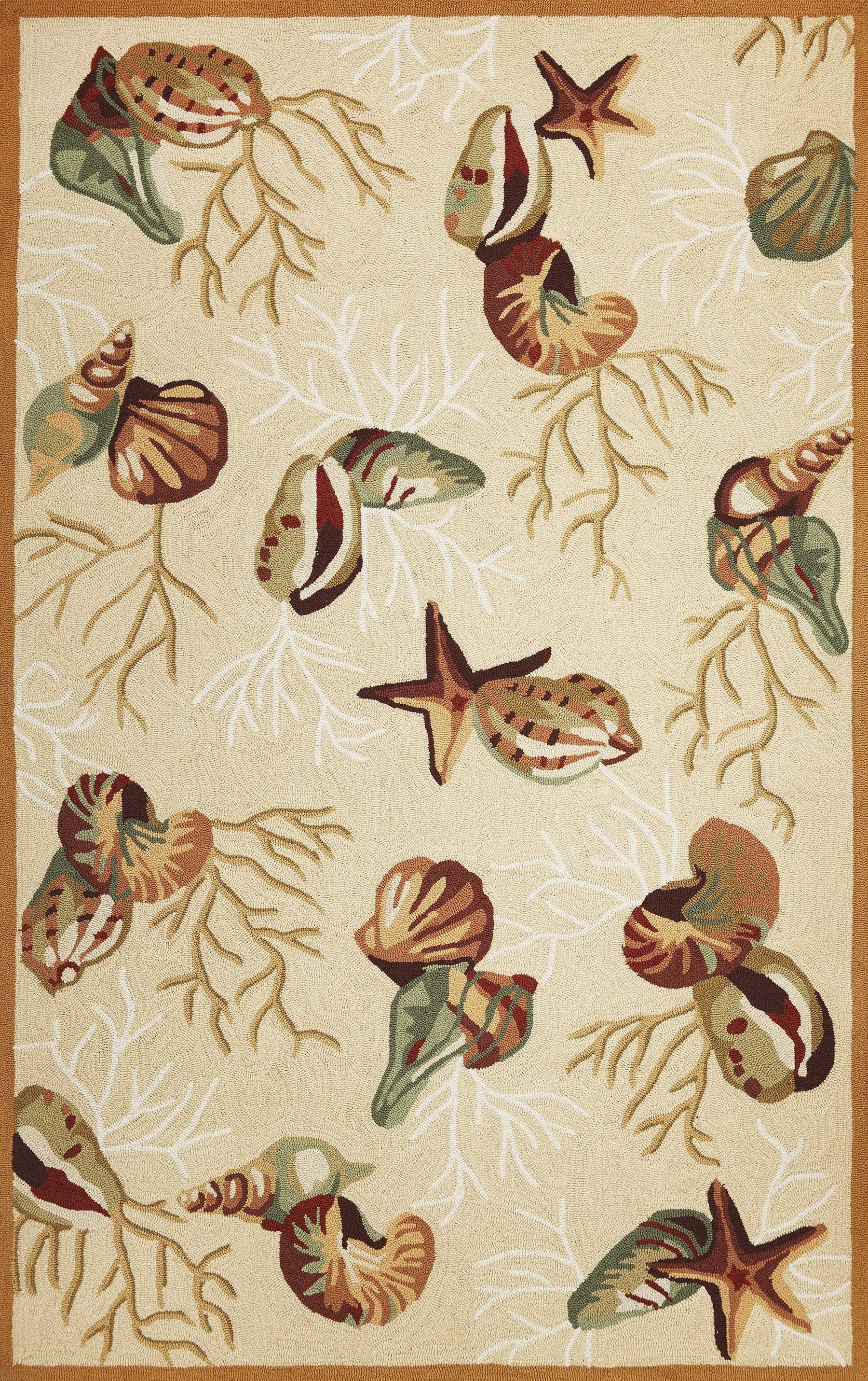 5' X 7' Beige Green And Brown Seashell and Coral Hand Hooked Area Rug-Area Rugs-DECOROLALA