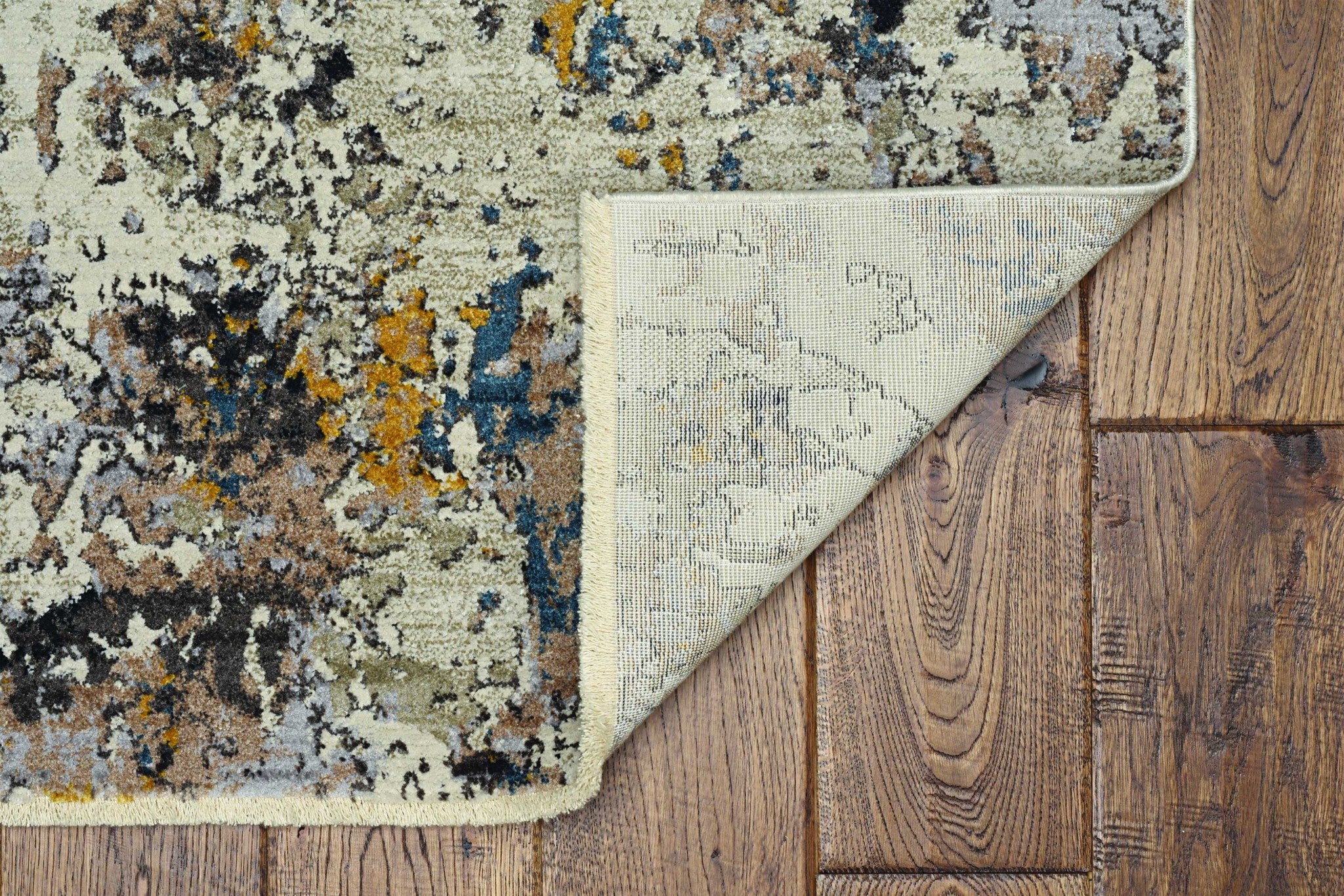 5' X 7' Beige Tan And Gold Abstract Hand Loomed Distressed Area Rug-Area Rugs-DECOROLALA