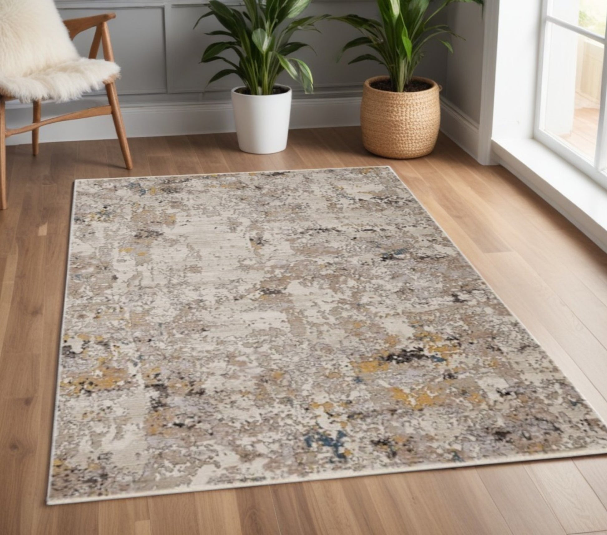 5' X 7' Beige Tan And Gold Abstract Hand Loomed Distressed Area Rug-Area Rugs-DECOROLALA