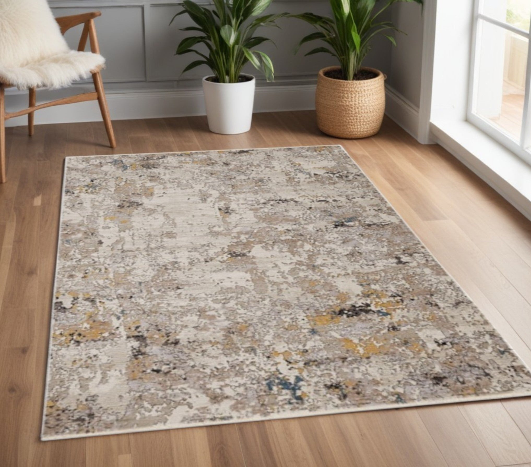 5' X 7' Beige Tan And Gold Abstract Hand Loomed Distressed Area Rug-Area Rugs-DECOROLALA