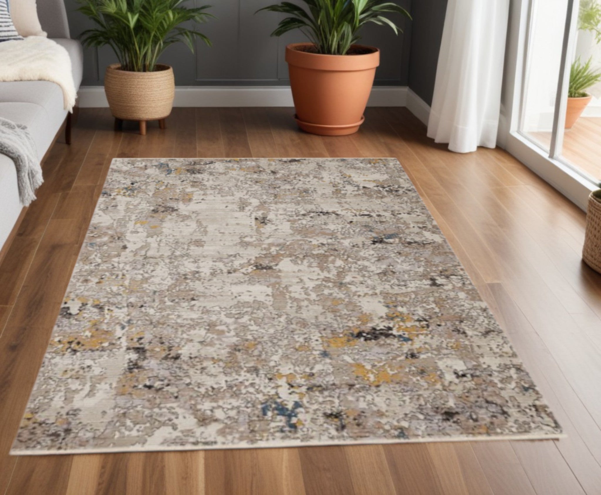 5' X 7' Beige Tan And Gold Abstract Hand Loomed Distressed Area Rug-Area Rugs-DECOROLALA