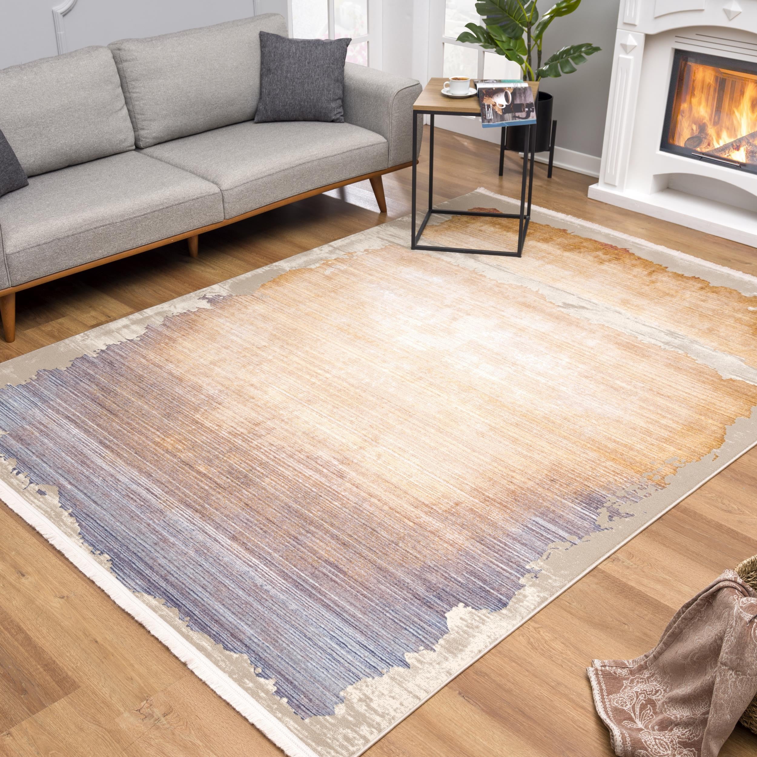 5' X 7' Beige and Blue Abstract Non Skid Area Rug-Area Rugs-DECOROLALA