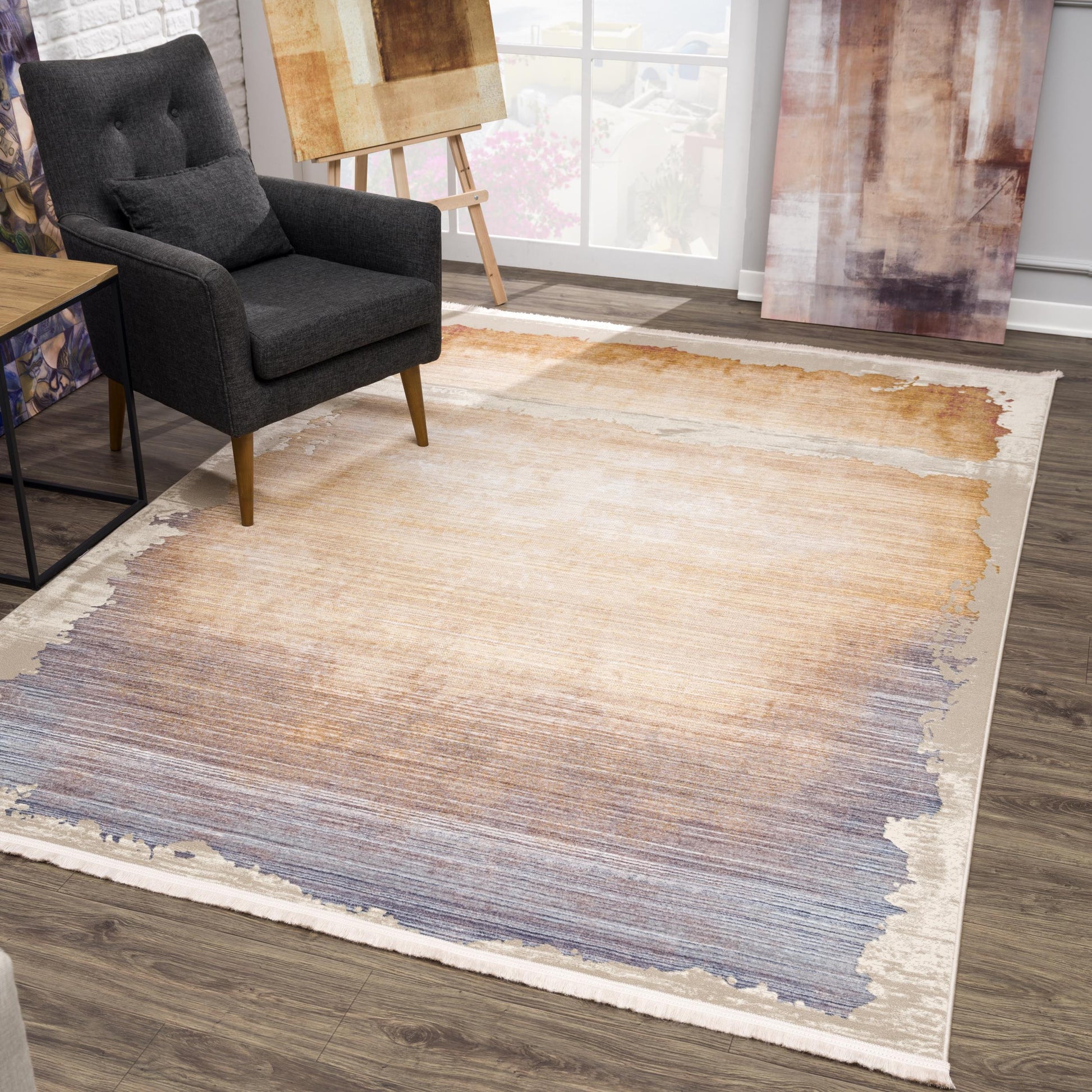 5' X 7' Beige and Blue Abstract Non Skid Area Rug-Area Rugs-DECOROLALA
