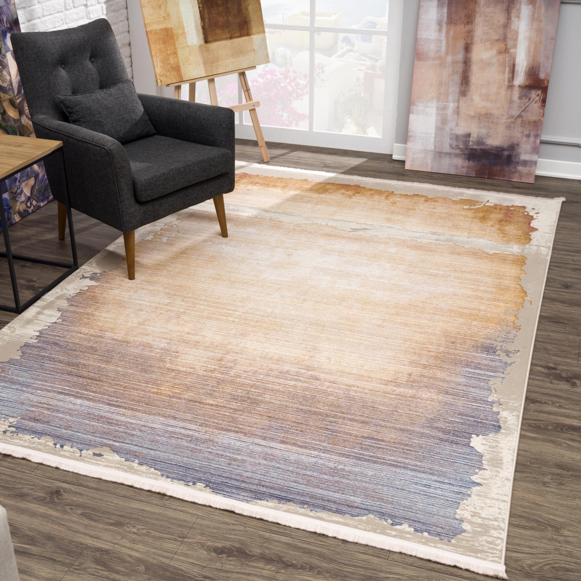 5' X 7' Beige and Blue Abstract Non Skid Area Rug-Area Rugs-DECOROLALA