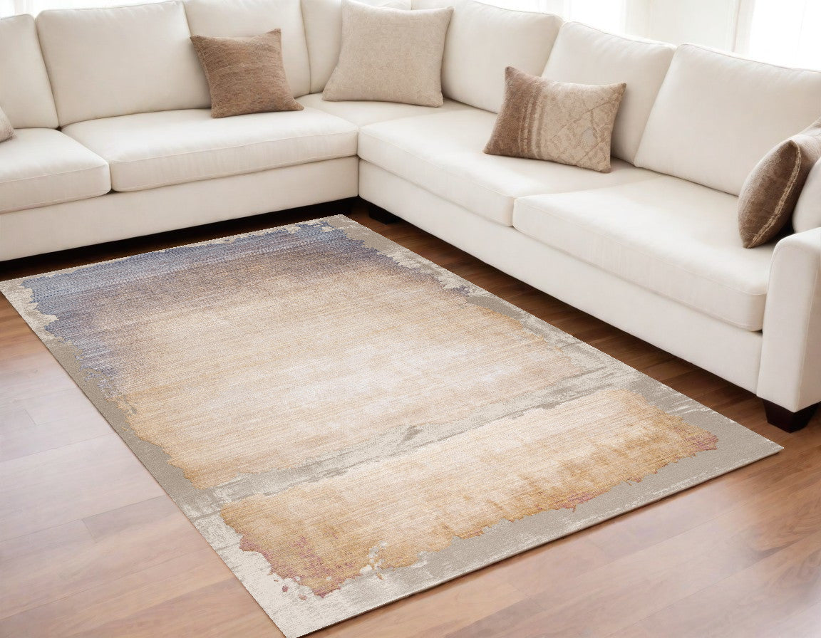 5' X 7' Beige and Blue Abstract Non Skid Area Rug-Area Rugs-DECOROLALA