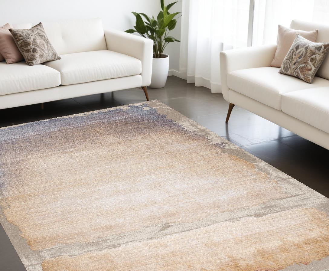 5' X 7' Beige and Blue Abstract Non Skid Area Rug-Area Rugs-DECOROLALA