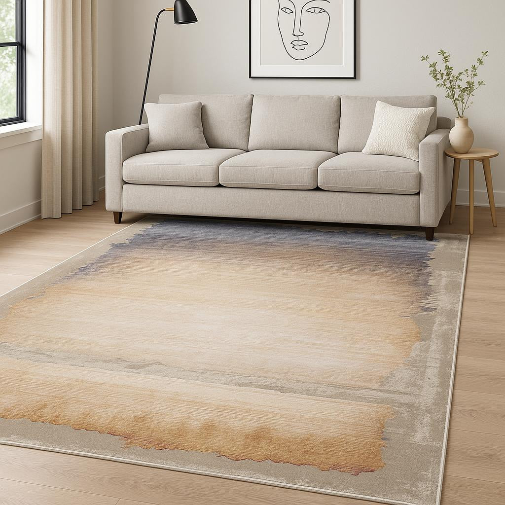 5' X 7' Beige and Blue Abstract Non Skid Area Rug-Area Rugs-DECOROLALA