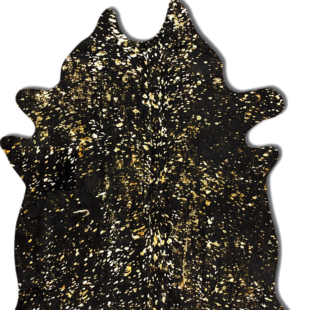 5' X 7' Black And Gold Cowhide Cowhide Print Area Rug-Area Rugs-DECOROLALA