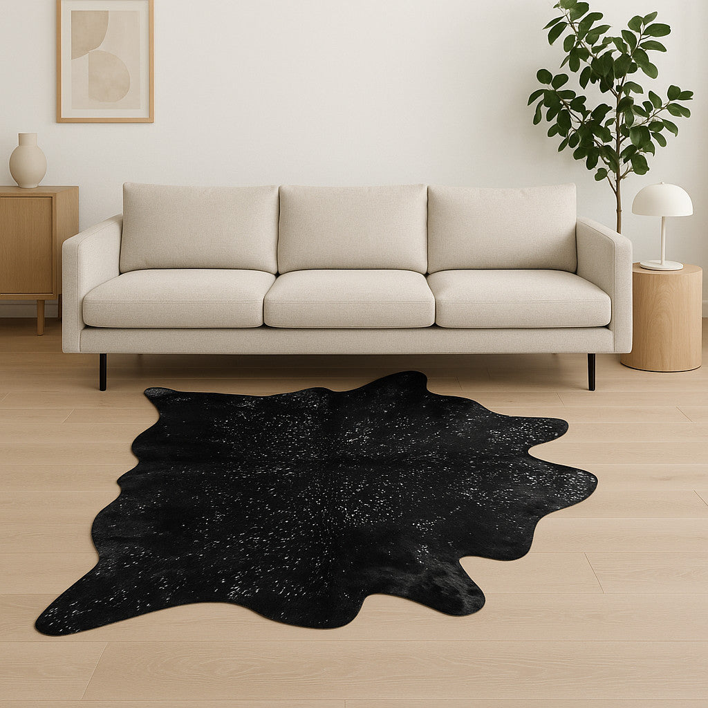 5' X 7' Black And Gold Cowhide Cowhide Print Area Rug-Area Rugs-DECOROLALA