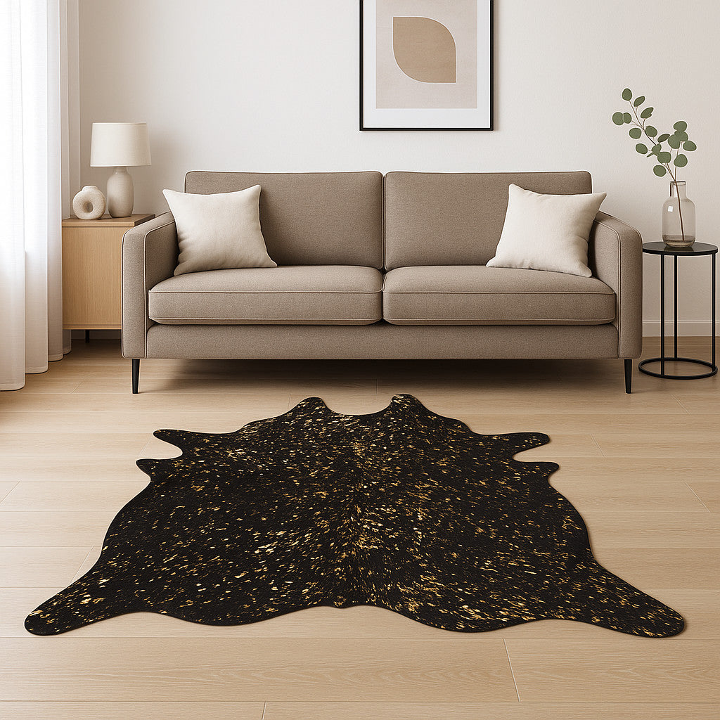 5' X 7' Black And Gold Cowhide Cowhide Print Area Rug-Area Rugs-DECOROLALA